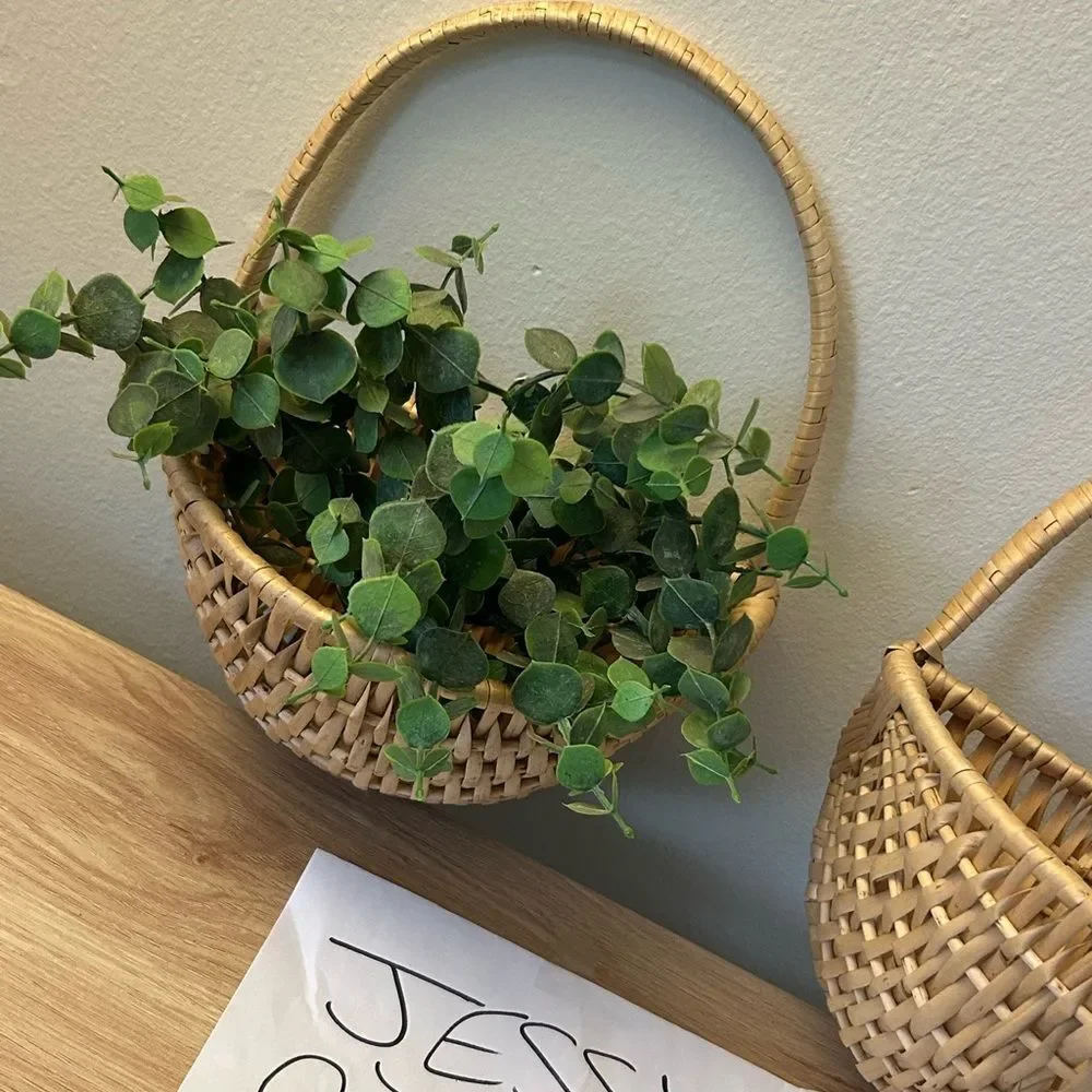 2 - Woven Wall Baskets with Handle - Natural